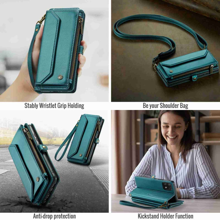 For Samsung Galaxy A22 5G CaseMe C36 Card Slots Zipper Wallet RFID Anti-theft Leather Phone Case(Blue-green) by CaseMe