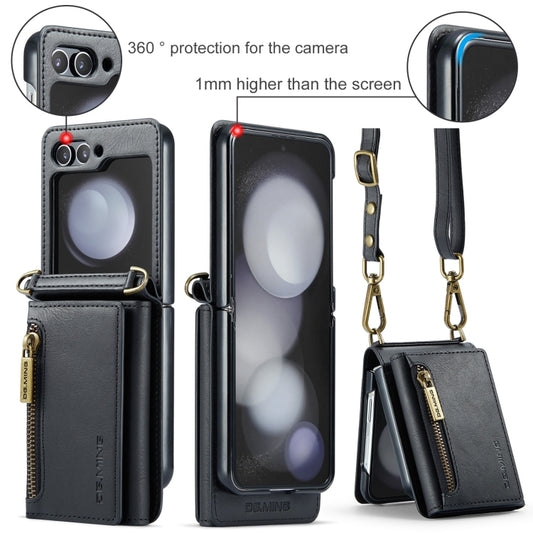 For Samsung Galaxy Z Flip5 5G DG.MING M5 Series Zip RFID Multi Card Detachable Leather Phone Case with Long Lanyard(Black) by DG.MING