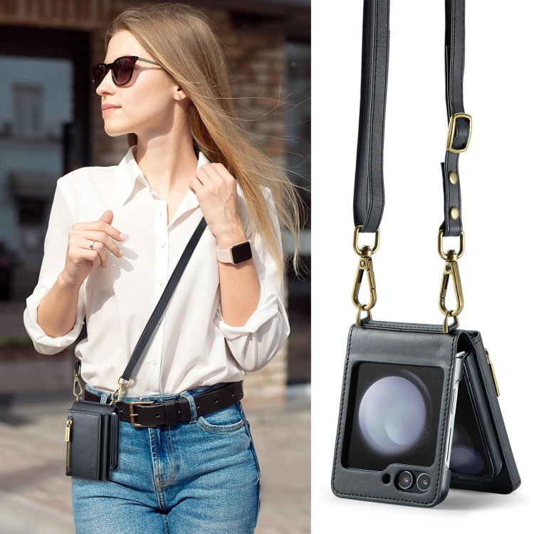 For Samsung Galaxy Z Flip5 5G DG.MING M5 Series Zip RFID Multi Card Detachable Leather Phone Case with Long Lanyard(Black) by DG.MING