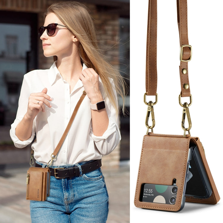 For Samsung Galaxy Z Flip4 5G DG.MING M5 Series Zip RFID Multi Card Detachable Leather Phone Case with Long Lanyard(Brown) by DG.MING
