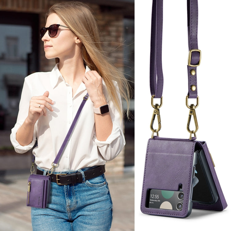 For Samsung Galaxy Z Flip4 5G DG.MING M5 Series Zip RFID Multi Card Detachable Leather Phone Case with Long Lanyard(Purple) by DG.MING