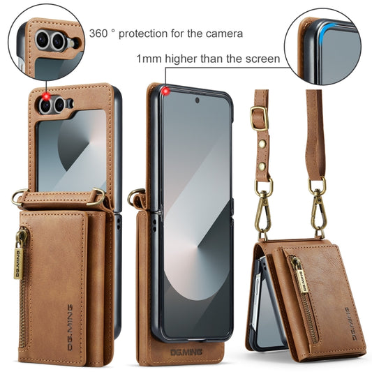 For Samsung Galaxy Z Flip6 DG.MING M5 Series Zip RFID Multi Card Detachable Leather Phone Case with Long Lanyard(Brown) by DG.MING