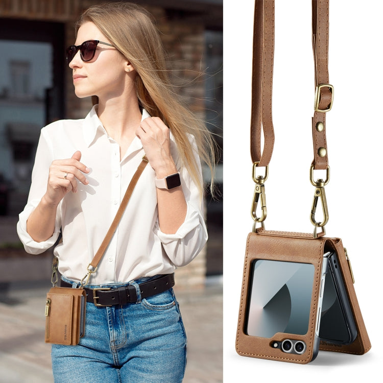 For Samsung Galaxy Z Flip6 DG.MING M5 Series Zip RFID Multi Card Detachable Leather Phone Case with Long Lanyard(Brown) by DG.MING