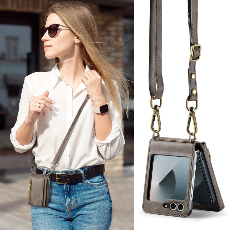 For Samsung Galaxy Z Flip6 DG.MING M5 Series Zip RFID Multi Card Detachable Leather Phone Case with Long Lanyard(Coffee) by DG.MING
