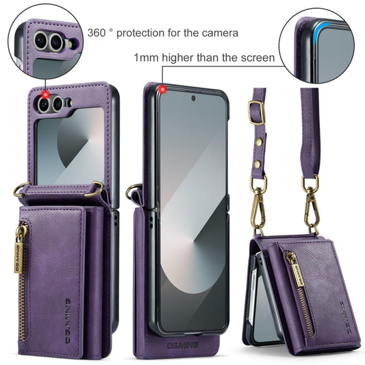 For Samsung Galaxy Z Flip6 DG.MING M5 Series Zip RFID Multi Card Detachable Leather Phone Case with Long Lanyard(Purple) by DG.MING