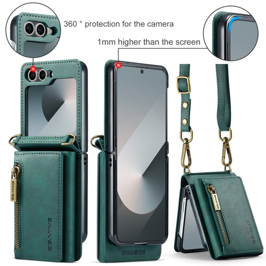 For Samsung Galaxy Z Flip6 DG.MING M5 Series Zip RFID Multi Card Detachable Leather Phone Case with Long Lanyard(Green) by DG.MING