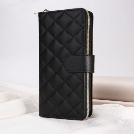 For iPhone 15 Plus / 14 Plus Crossbody Rhombic Zipper Tower Buckle Leather Phone Case with Lanyard(Black) - iPhone 15 Plus Cases by buy2fix | Online Shopping UK | buy2fix