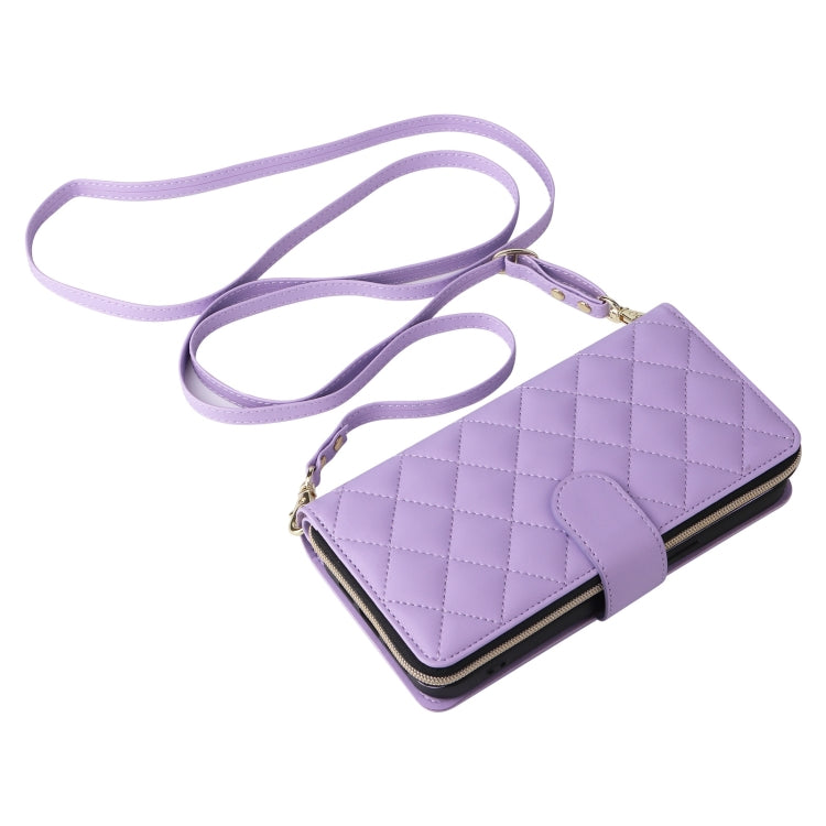 For iPhone 16 Pro Crossbody Rhombic Zipper Tower Buckle Leather Phone Case with Lanyard(Purple) by buy2fix