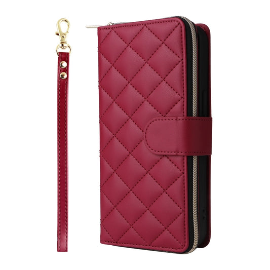 For iPhone 16 Pro Crossbody Rhombic Zipper Tower Buckle Leather Phone Case with Lanyard(Wine Red) by buy2fix