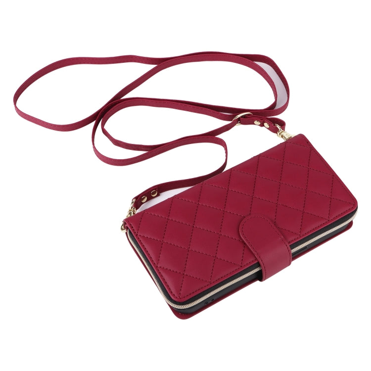 For iPhone 16 Pro Crossbody Rhombic Zipper Tower Buckle Leather Phone Case with Lanyard(Wine Red) by buy2fix