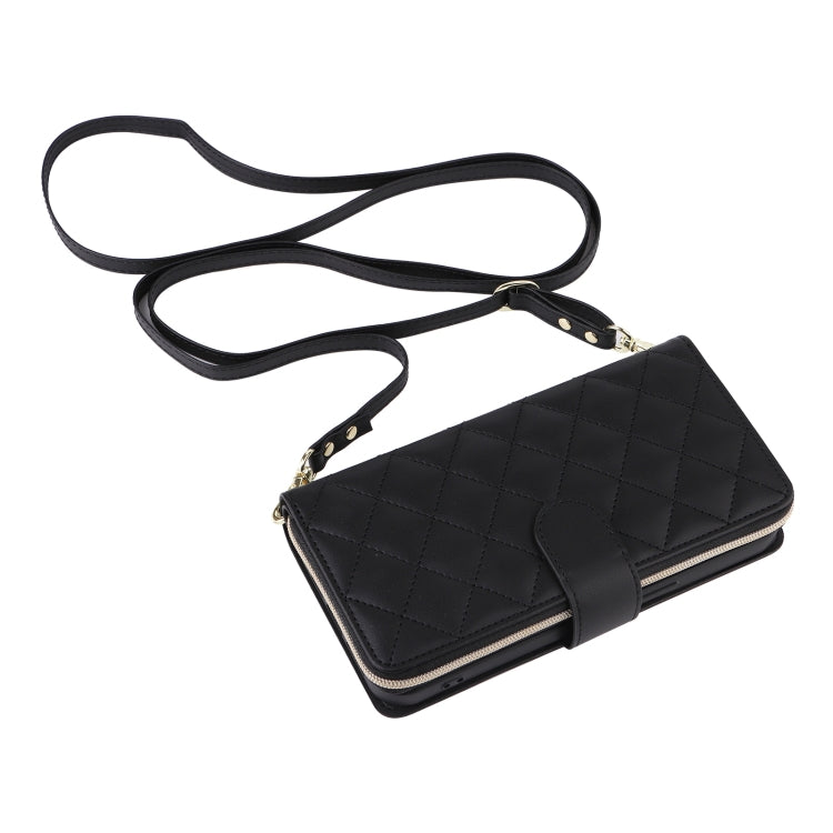 For iPhone 16 Pro Crossbody Rhombic Zipper Tower Buckle Leather Phone Case with Lanyard(Black) by buy2fix