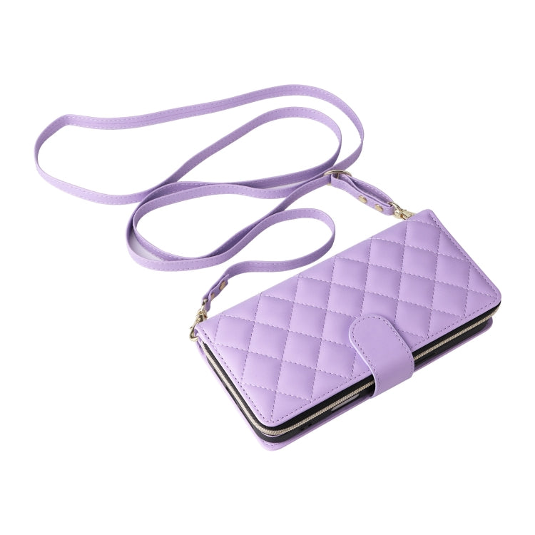 For iPhone 16 Plus Crossbody Rhombic Zipper Tower Buckle Leather Phone Case with Lanyard(Purple) by buy2fix