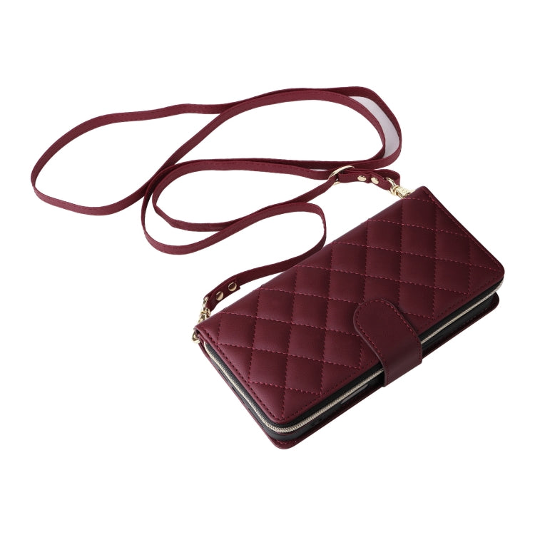 For iPhone 16 Crossbody Rhombic Zipper Tower Buckle Leather Phone Case with Lanyard(Wine Red) by buy2fix