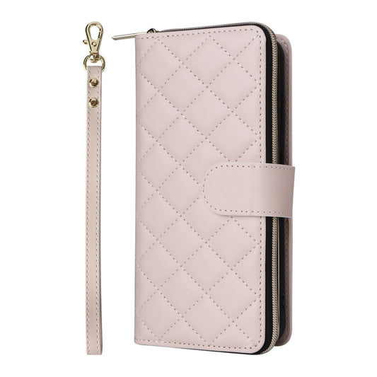 For Samsung Galaxy S25 5G Crossbody Rhombic Zipper Tower Buckle Leather Phone Case with Lanyard(Beige) by buy2fix