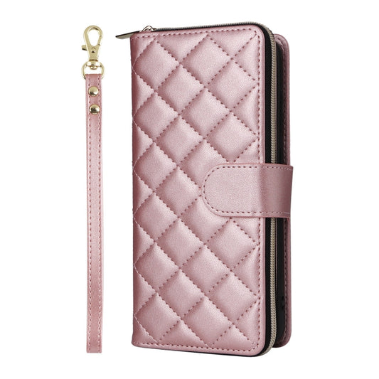 For Samsung Galaxy S25 5G Crossbody Rhombic Zipper Tower Buckle Leather Phone Case with Lanyard(Rose Gold) by buy2fix