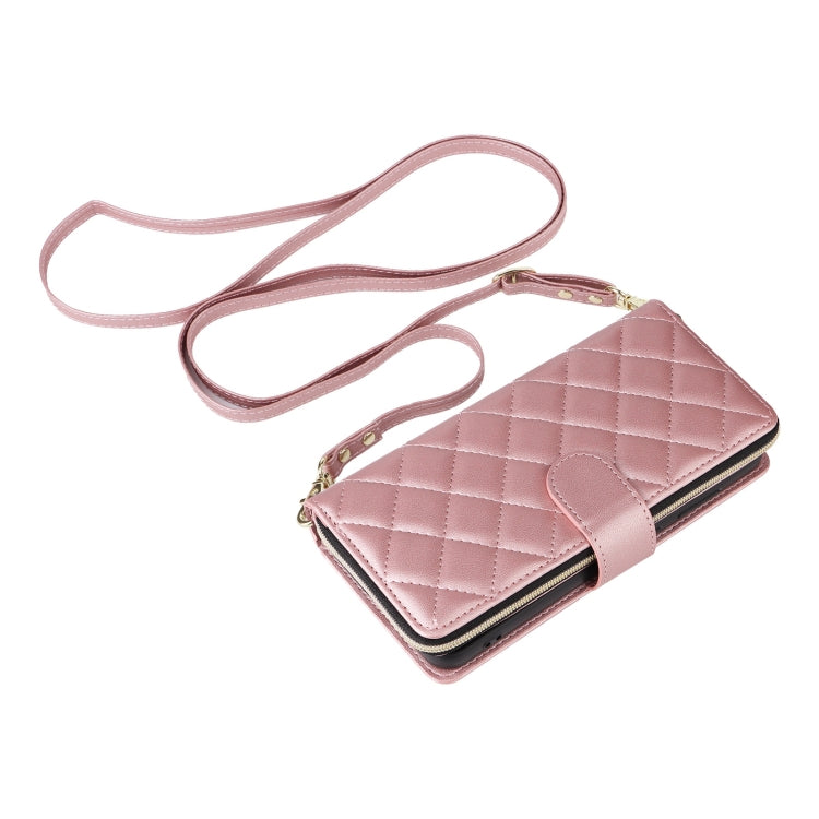 For Samsung Galaxy S25+ 5G Crossbody Rhombic Zipper Tower Buckle Leather Phone Case with Lanyard(Rose Gold) by buy2fix