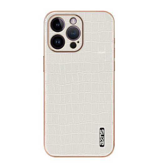 For iPhone 14 Pro AZNS Electroplated Frame Crocodile Texture Full Coverage Phone Case(White) - iPhone 14 Pro Cases by AZNS | Online Shopping UK | buy2fix