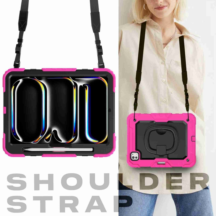 For iPad Pro 11 2025 / 2024 Handle Silicone Hydric PC Tablet Case with Shoulder Strap(Rose Red) by buy2fix
