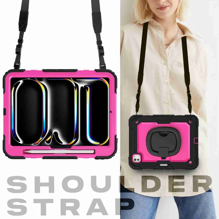 For iPad Pro 11 2025 / 2024 Handle Silicone Hydric PC Tablet Case with Shoulder Strap(Rose Red PC) by buy2fix
