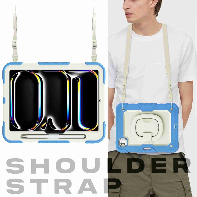 For iPad Pro 11 2025 / 2024 Handle Silicone Hydric PC Tablet Case with Shoulder Strap(Beige Cyan-blue) by buy2fix