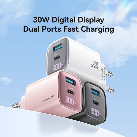 USAMS CC229 30W USB+USB-C / Type-C Dual Port GaN Digital Display Charger, Specifications: EU Plug(White) by USAMS
