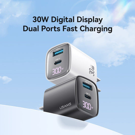 USAMS CC230 30W USB+USB-C / Type-C Dual Port GaN Digital Display Charger, Specifications: US Plug(White) by USAMS