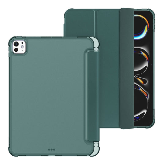 For iPad Pro 11 2025 / 2024 Tri-fold Holder TPU Cover Frosted Leather Smart Tablet Case withh Pen Slot(Dark Green) by buy2fix