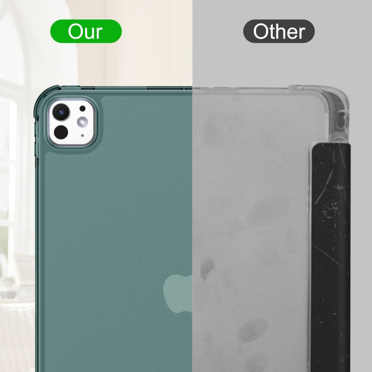 For iPad Pro 11 2025 / 2024 Tri-fold Holder TPU Cover Frosted Leather Smart Tablet Case withh Pen Slot(Dark Green) by buy2fix