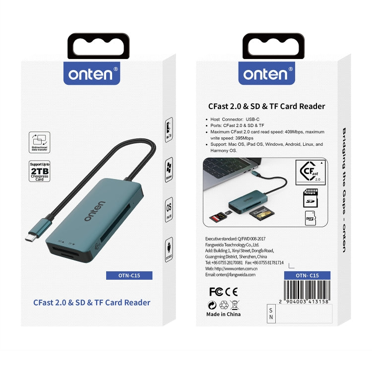 Onten C15 3 in 1 USB-C / Type-C to CFast 2.0 & SD & TF Card Reader(Pine Green) by Onten