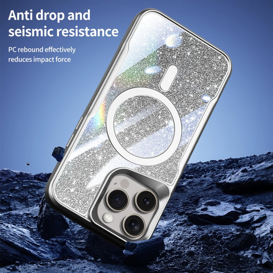 For iPhone 15 Plus Blade MagSafe Magnetic Gradient Glitter PC Phone Case(Silver White) by buy2fix
