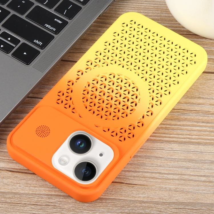 For iPhone 15 Plus Gradient Color Honeycomb Aromatherapy MagSafe Phone Case(Orange Yellow) by buy2fix