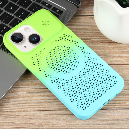 For iPhone 15 Gradient Color Honeycomb Aromatherapy MagSafe Phone Case(Green Blue) by buy2fix