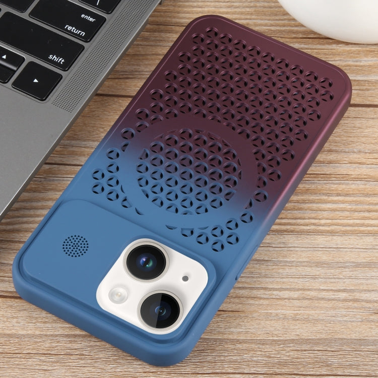 For iPhone 14 Plus Gradient Color Honeycomb Aromatherapy MagSafe Phone Case(Blue Red) by buy2fix