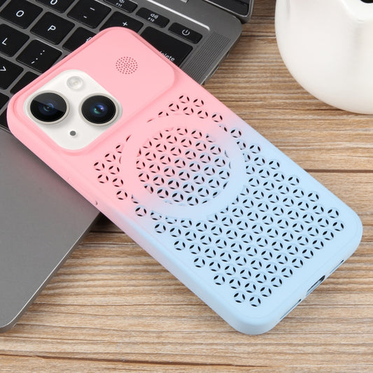 For iPhone 14 Gradient Color Honeycomb Aromatherapy MagSafe Phone Case(Pink Blue) by buy2fix
