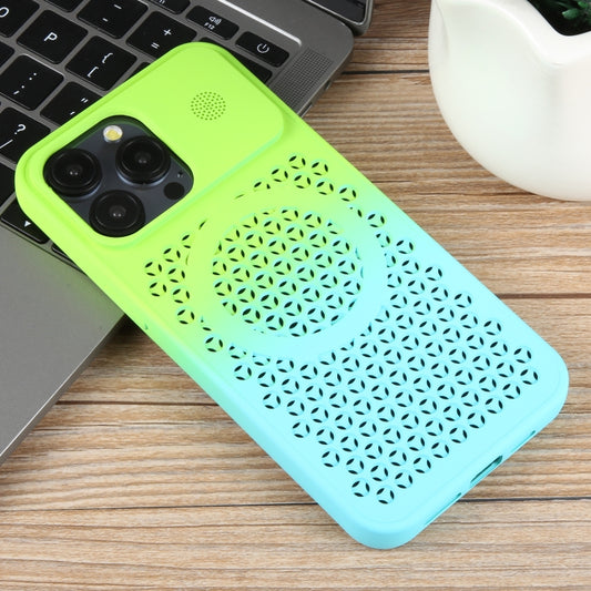 For iPhone 14 Pro Gradient Color Honeycomb Aromatherapy MagSafe Phone Case(Green Blue) by buy2fix