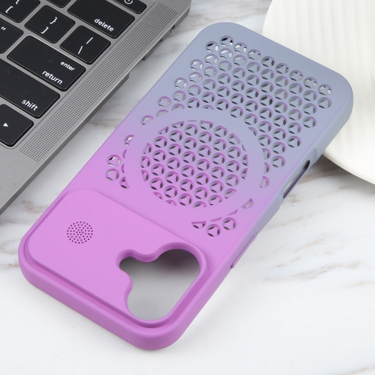 For iPhone 16 Gradient Color Honeycomb Aromatherapy MagSafe Phone Case(Purple Grey) by buy2fix