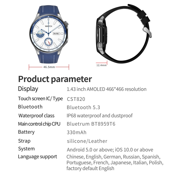 HD Watch X 1.43 inch IP68 BT5.3 Sport Smart Watch, Support Bluetooth Call / Sleep / Blood Oxygen / Heart Rate / Blood Pressure Health Monitor(Blue Leather + Blue Silicone Strap) by buy2fix
