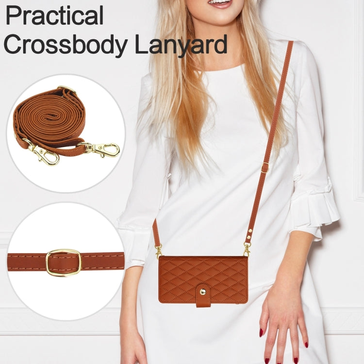 For iPhone X / XS YM016 Rhombic Zipper Card Wallet Leather Phone Case with Lanyard(Brown) - More iPhone Cases by buy2fix | Online Shopping UK | buy2fix