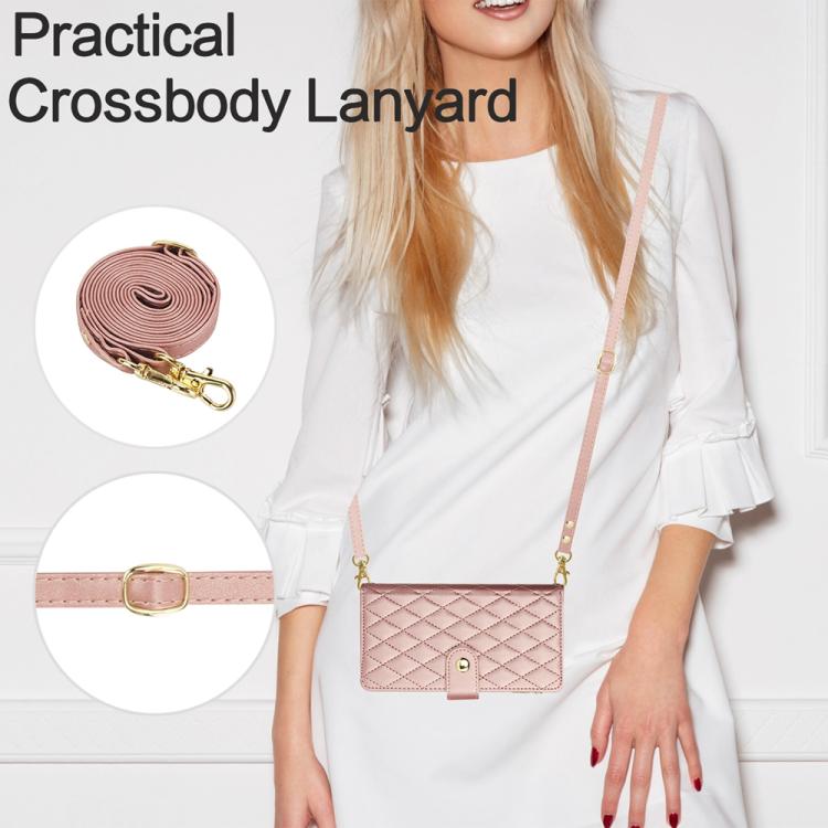 For iPhone 16 Pro Max YM016 Rhombic Zipper Card Wallet Leather Phone Case with Lanyard(Rose Gold) - iPhone 16 Pro Max Cases by buy2fix | Online Shopping UK | buy2fix