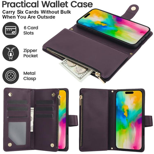 For iPhone 16 Pro YM016 Rhombic Zipper Card Wallet Leather Phone Case with Lanyard(Dark Purple) - iPhone 16 Pro Cases by buy2fix | Online Shopping UK | buy2fix