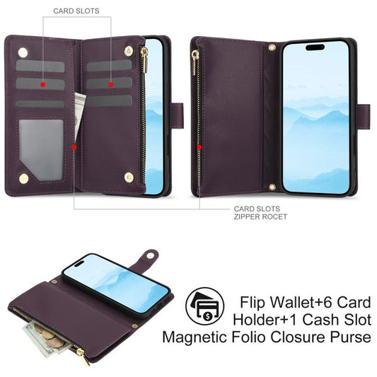 For iPhone 16 Plus YM016 Rhombic Zipper Card Wallet Leather Phone Case with Lanyard(Dark Purple) - iPhone 16 Plus Cases by buy2fix | Online Shopping UK | buy2fix