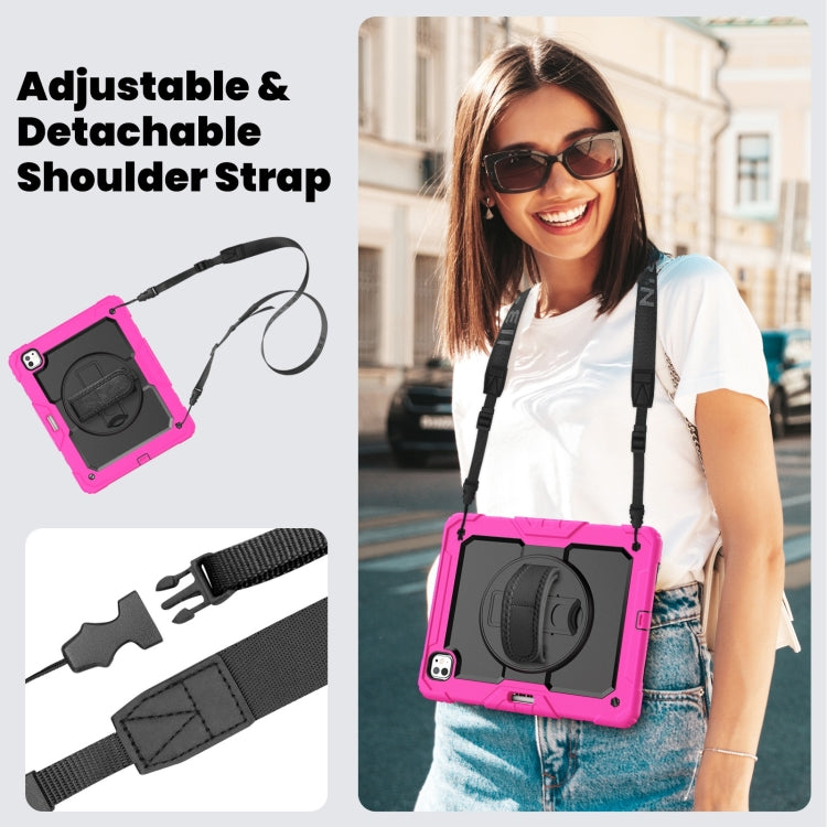 For iPad Pro 13 2025 / 2024 Turntable Holder Silicone Hybrid PC Tablet Case with Shoulder Strap(Black + Rose Red) by buy2fix