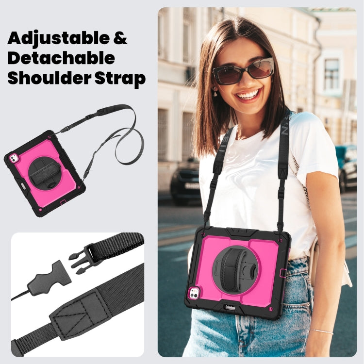 For iPad Pro 13 2025 / 2024 Turntable Holder Silicone Hybrid PC Tablet Case with Shoulder Strap(Rose Red + Black) by buy2fix