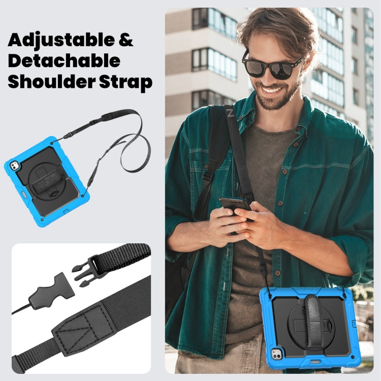 For iPad Pro 13 2025 / 2024 Turntable Holder Silicone Hybrid PC Tablet Case with Shoulder Strap(Black + Light Blue) by buy2fix
