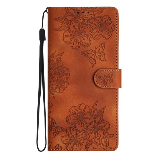 For iPhone Air Cherry Blossom Butterfly Skin Feel Embossed PU Phone Case(Brown) - iPhone Air Cases by buy2fix | Online Shopping UK | buy2fix