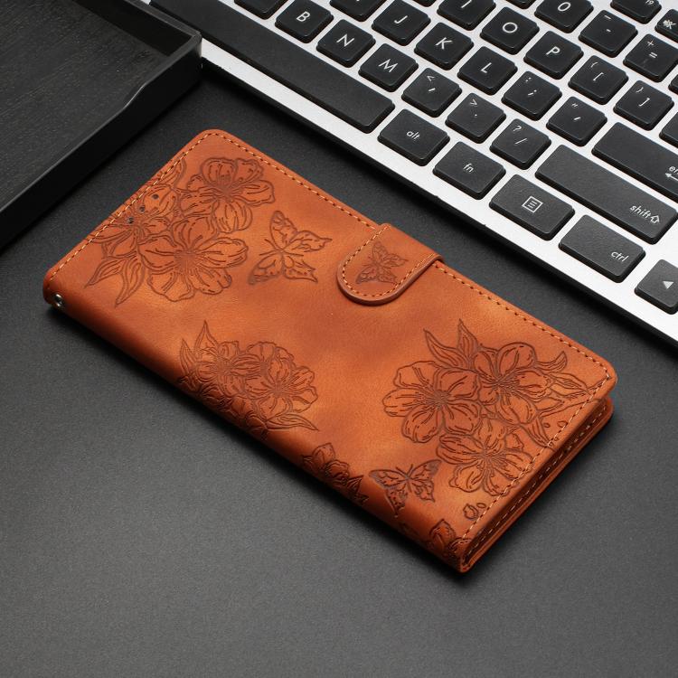 For iPhone Air Cherry Blossom Butterfly Skin Feel Embossed PU Phone Case(Brown) - iPhone Air Cases by buy2fix | Online Shopping UK | buy2fix