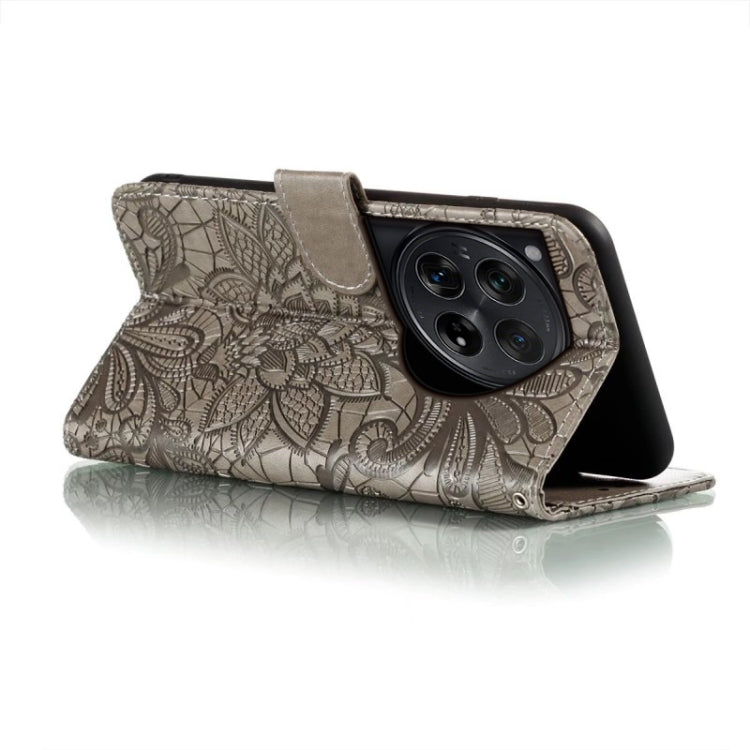 For OnePlus 12 Lace Flower Embossing Flip Leather Phone Case(Grey) by buy2fix