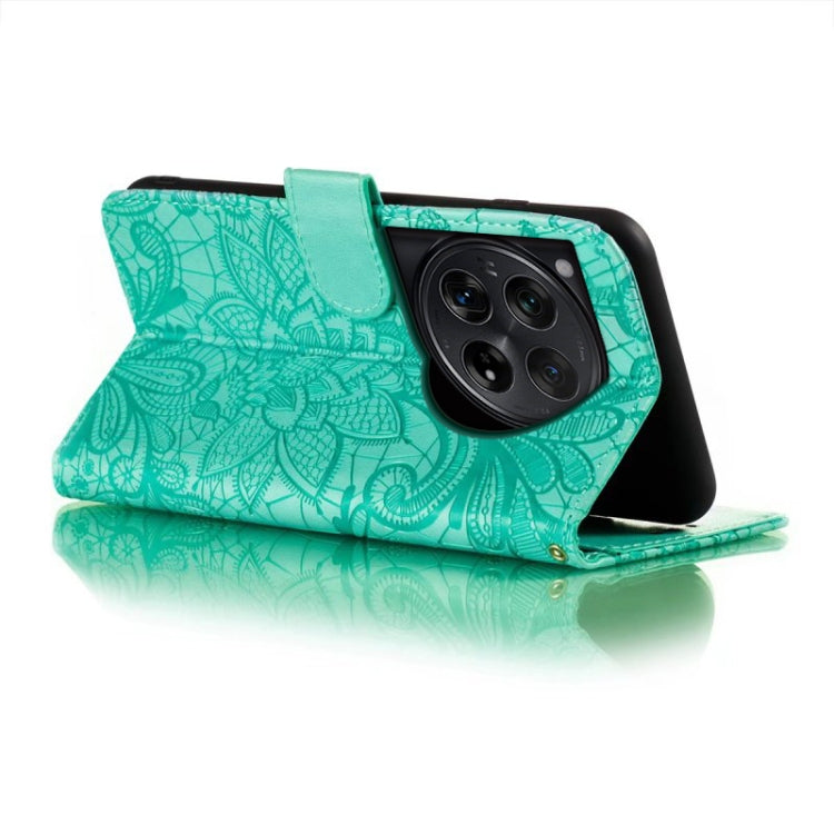 For OnePlus 12 Lace Flower Embossing Flip Leather Phone Case(Green) by buy2fix