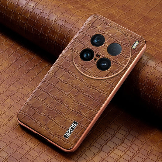For vivo X100 Ultra AZNS Electroplated Frame Crocodile Texture Full Coverage Phone Case(Brown) by AZNS