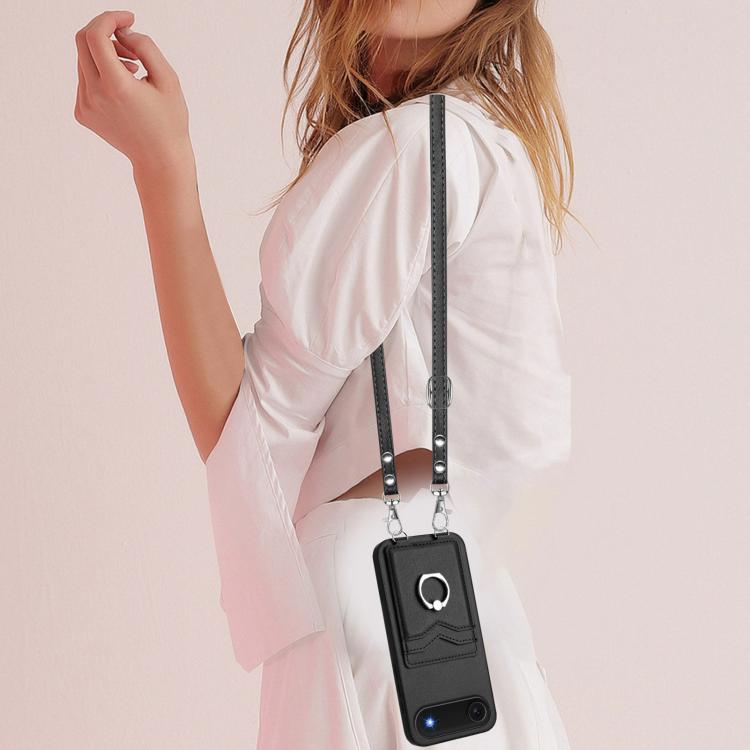 For iPhone Air R20 Crossbody Rope Ring Card Holder Phone Case(Black) - iPhone Air Cases by buy2fix | Online Shopping UK | buy2fix